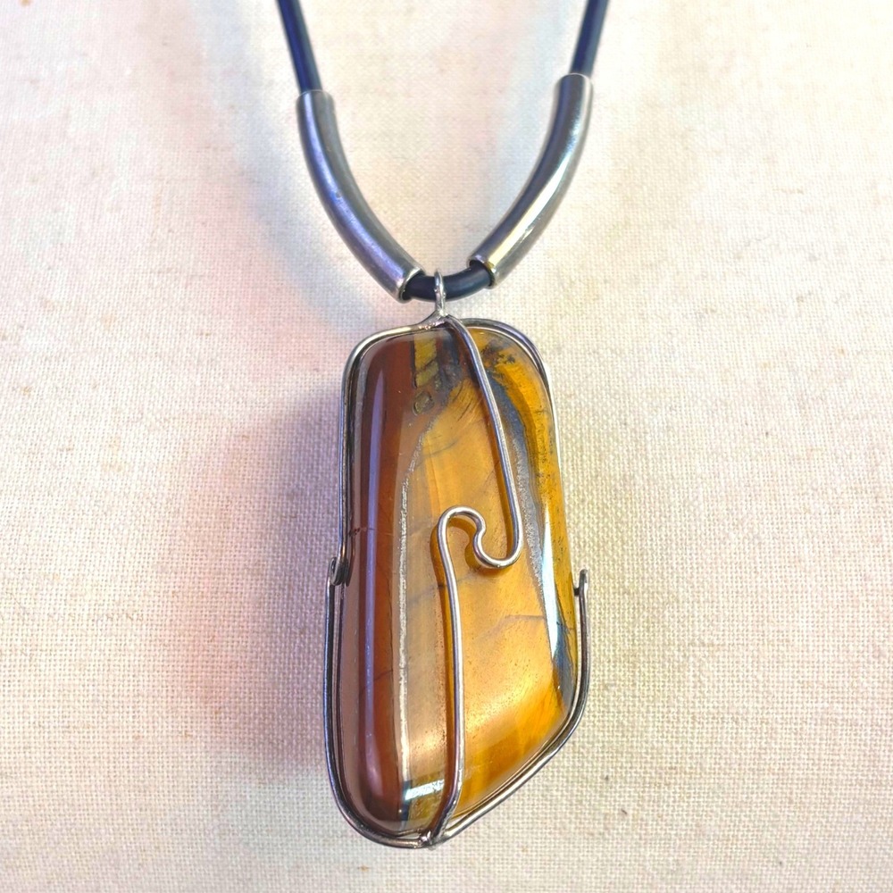 Vintage Huge Tigers Eye Necklace Brown Silver Tone Wire Wrap Cord Boho Artisan